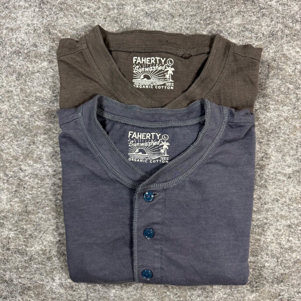 Lot of 2 Faherty Sunwashed Henley Tees Mens L Grey and Brown Organic Cotton
